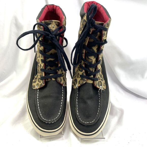 Sperry Top Sider Women's 7.5M High Top Sneakers Leopard Print Brown Canvas - Picture 2 of 10